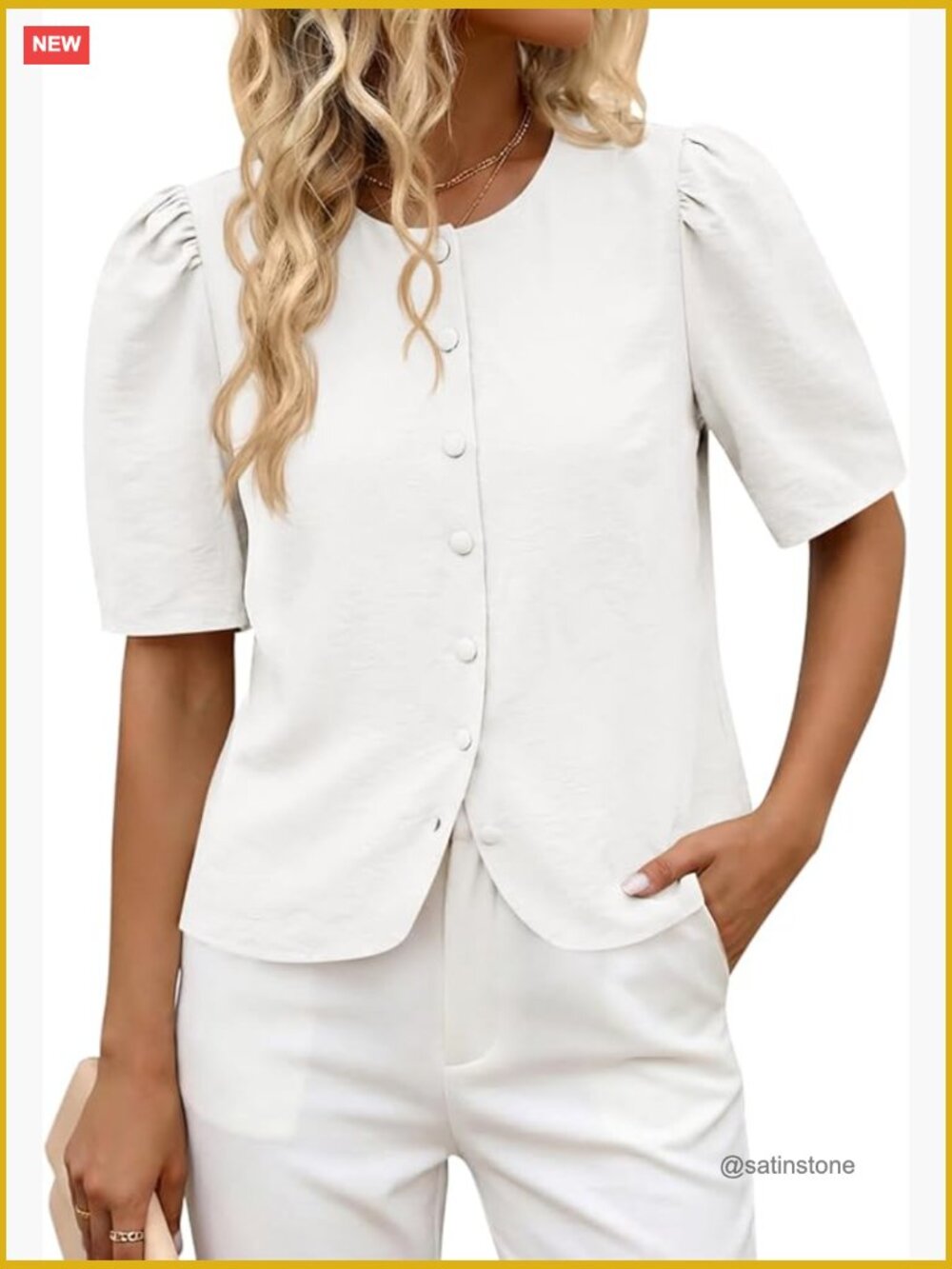 Short Puff Sleeve Button Down Blouse Round Neck Cotton Top